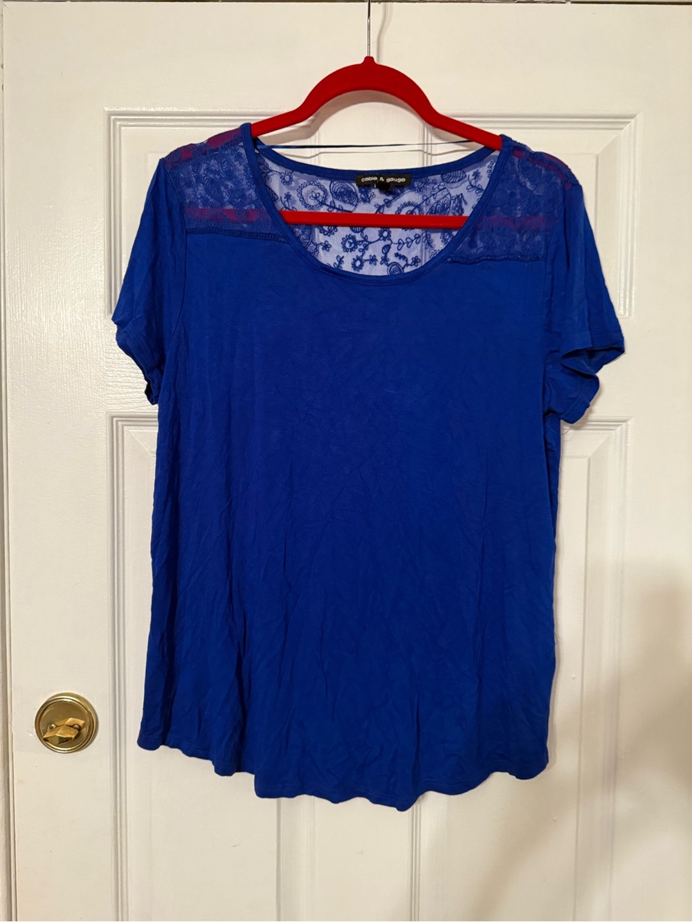 Cable & Gauge Royal Blue Lace-Yoke Scoop Neck Tee
